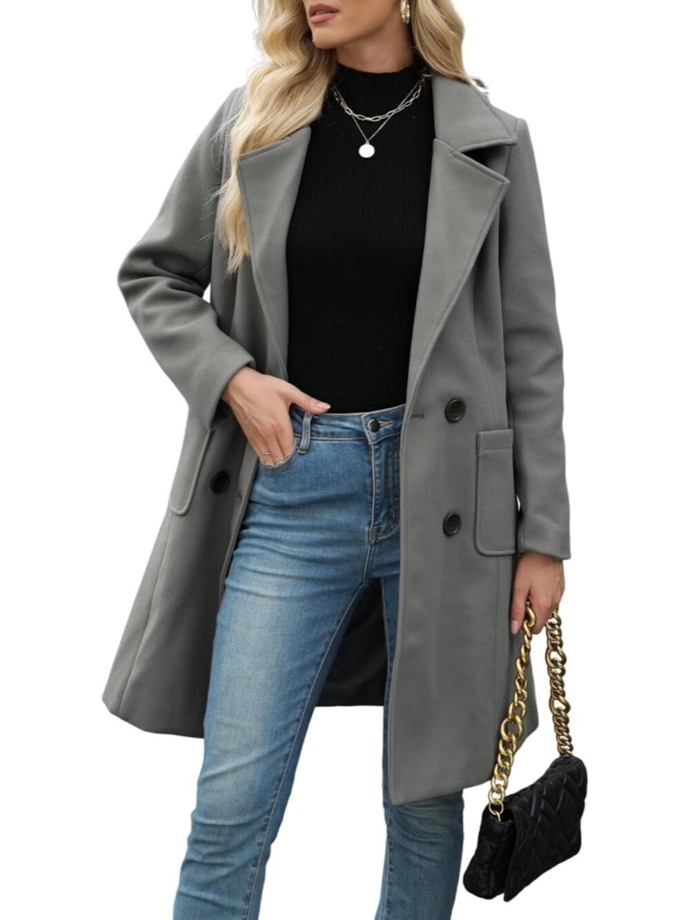 Women's Grey Winter Wool Mid-Long Notch Double-Breasted Lapel Jacket Pea Coat